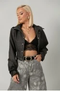 Leather jacket cropped ασύμμετρο με σούρες στα μανίκια ανθρακί