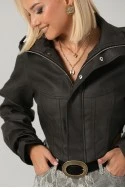 Leather jacket cropped ασύμμετρο με σούρες στα μανίκια ανθρακί