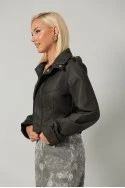 Leather jacket cropped ασύμμετρο με σούρες στα μανίκια ανθρακί