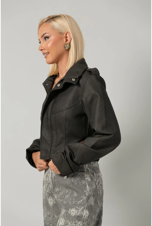 Leather jacket cropped ασύμμετρο με σούρες στα μανίκια ανθρακί