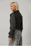 Leather jacket cropped ασύμμετρο με σούρες στα μανίκια ανθρακί