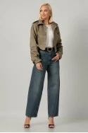 Leather jacket cropped ασύμμετρο με σούρες στα μανίκια λαδί