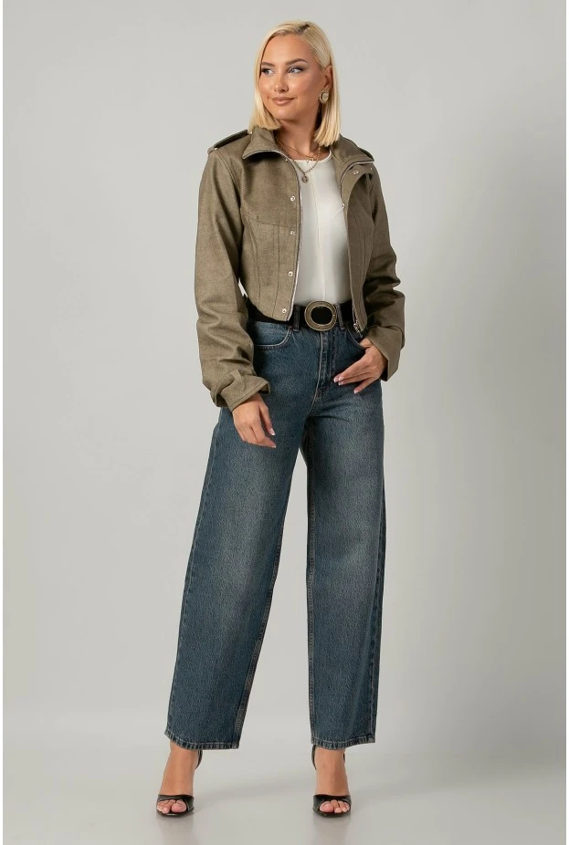 Leather jacket cropped ασύμμετρο με σούρες στα μανίκια λαδί