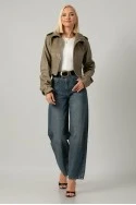 Leather jacket cropped ασύμμετρο με σούρες στα μανίκια λαδί