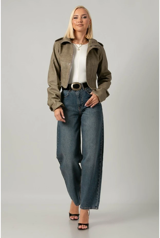 Leather jacket cropped ασύμμετρο με σούρες στα μανίκια λαδί
