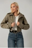 Leather jacket cropped ασύμμετρο με σούρες στα μανίκια λαδί
