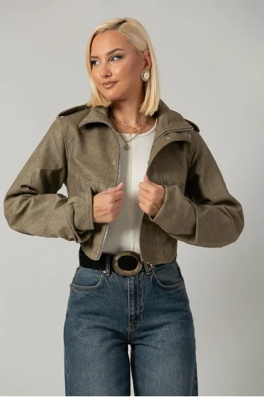 Leather jacket cropped ασύμμετρο με σούρες στα μανίκια καφέ