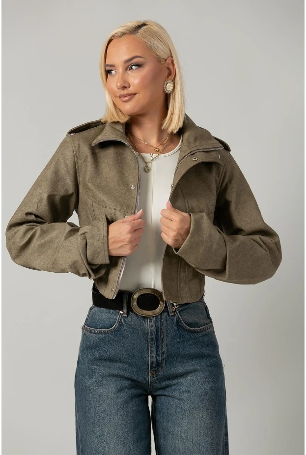 Leather jacket cropped ασύμμετρο με σούρες στα μανίκια λαδί