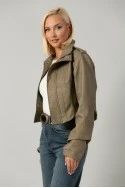 Leather jacket cropped ασύμμετρο με σούρες στα μανίκια λαδί
