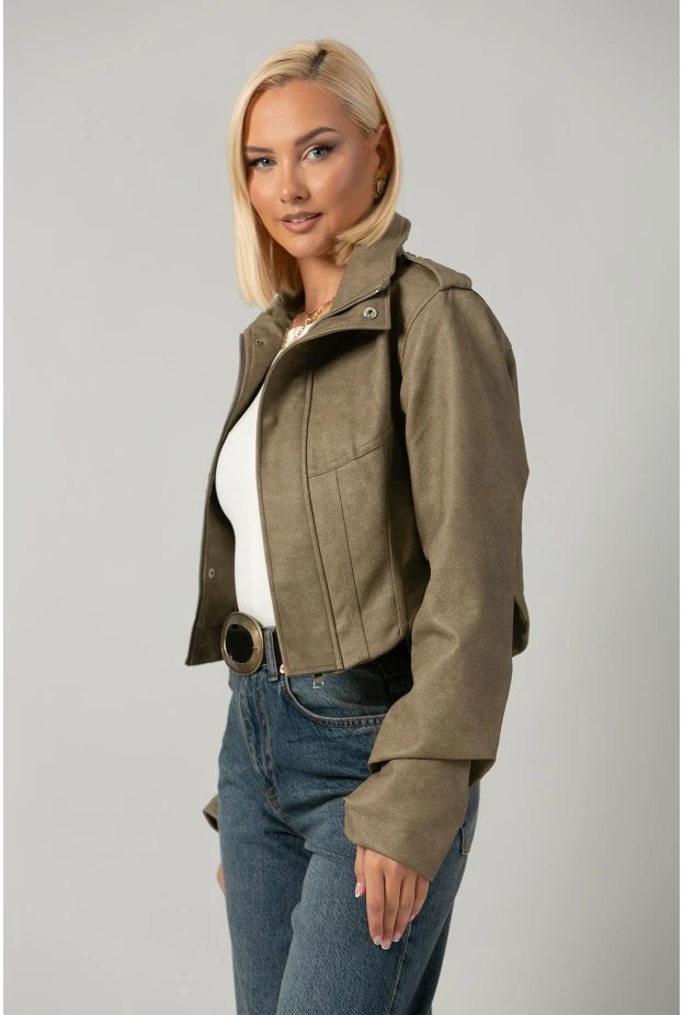Leather jacket cropped ασύμμετρο με σούρες στα μανίκια λαδί