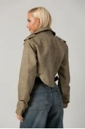 Leather jacket cropped ασύμμετρο με σούρες στα μανίκια λαδί