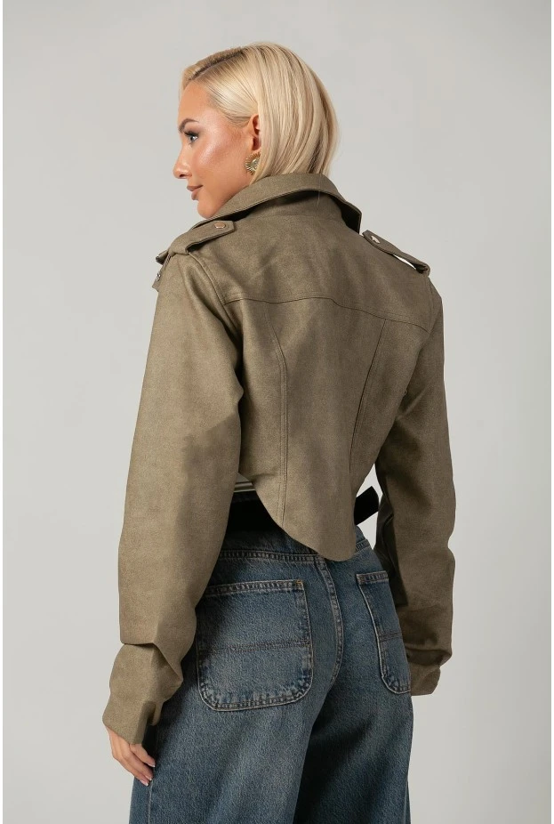 Leather jacket cropped ασύμμετρο με σούρες στα μανίκια λαδί