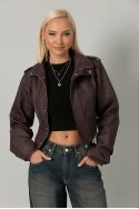 Leather jacket cropped ασύμμετρο με σούρες στα μανίκια μπορντό