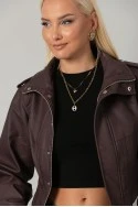 Leather jacket cropped ασύμμετρο με σούρες στα μανίκια μπορντό