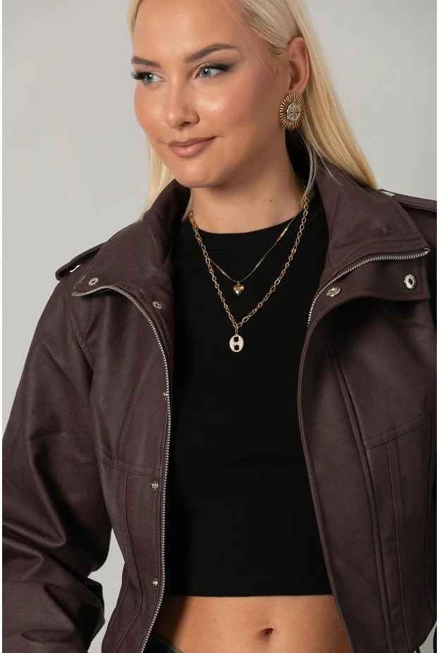 Leather jacket cropped ασύμμετρο με σούρες στα μανίκια μπορντό