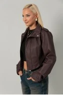 Leather jacket cropped ασύμμετρο με σούρες στα μανίκια μπορντό