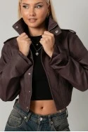 Leather jacket cropped ασύμμετρο με σούρες στα μανίκια μπορντό