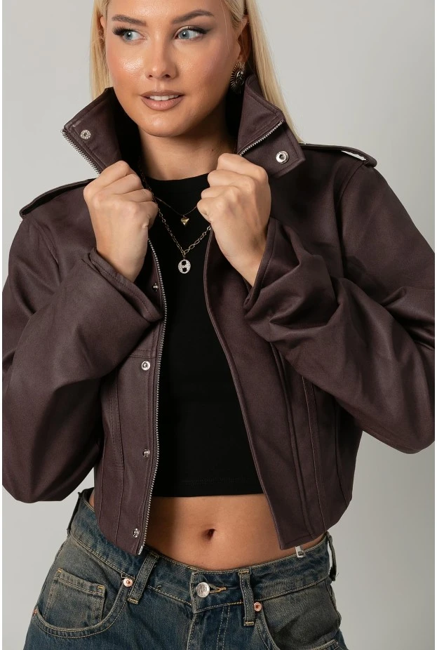 Leather jacket cropped ασύμμετρο με σούρες στα μανίκια μπορντό