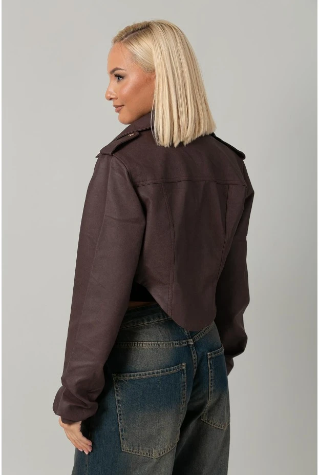 Leather jacket cropped ασύμμετρο με σούρες στα μανίκια μπορντό