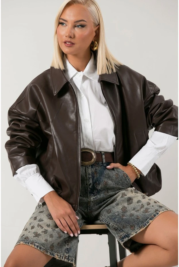 Leather jacket balloon με φερμουάρ καφέ