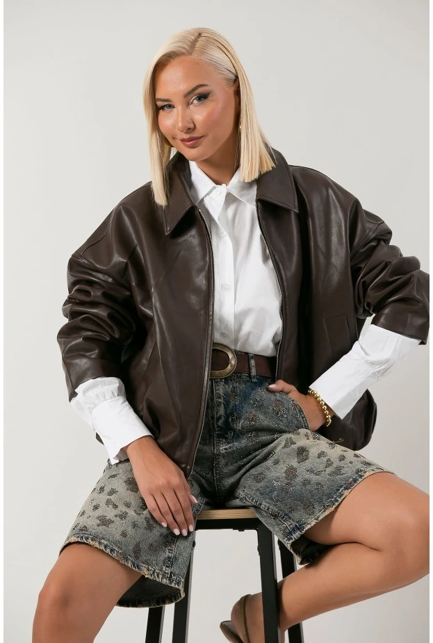 Leather jacket balloon με φερμουάρ καφέ