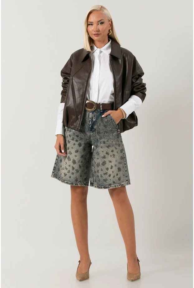 Leather jacket balloon με φερμουάρ καφέ