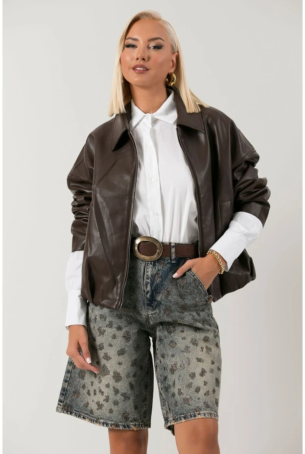Leather jacket balloon με φερμουάρ καφέ