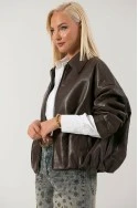 Leather jacket balloon με φερμουάρ καφέ