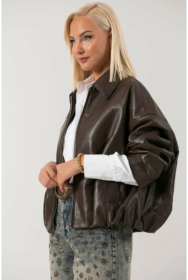Leather jacket balloon με φερμουάρ καφέ