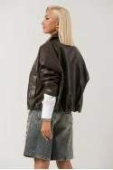 Leather jacket balloon με φερμουάρ καφέ