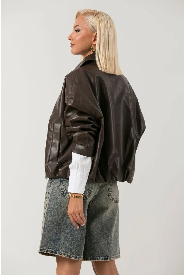 Leather jacket balloon με φερμουάρ καφέ
