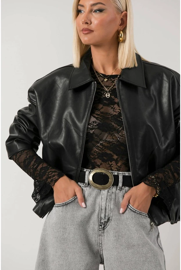 Leather jacket balloon με φερμουάρ μαύρο