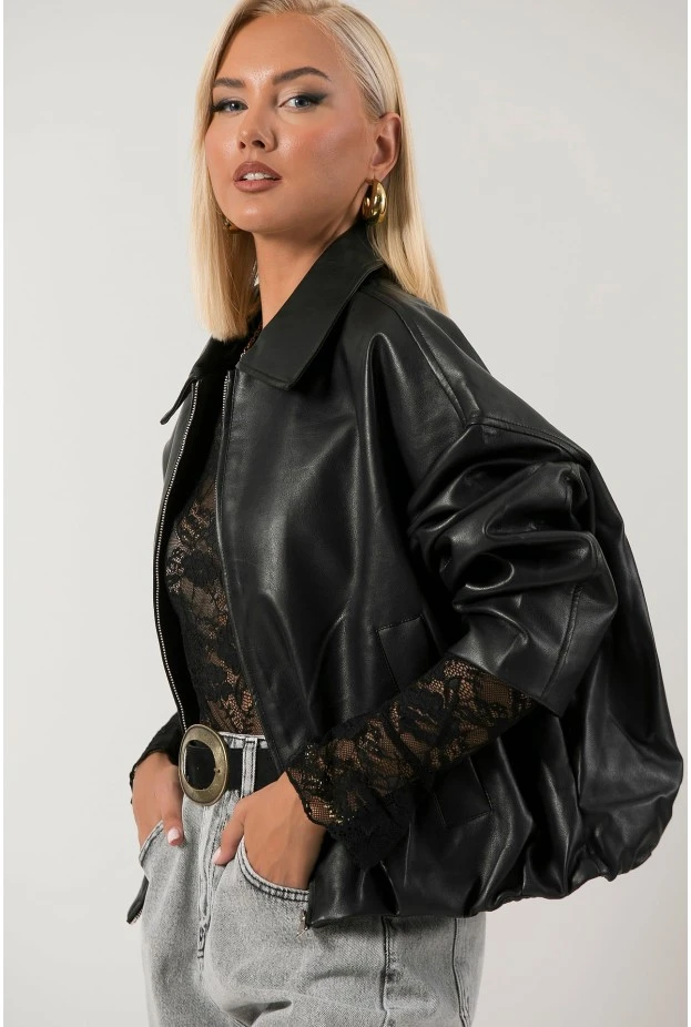 Leather jacket balloon με φερμουάρ μαύρο
