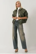 Leather jacket balloon με φερμουάρ λαδί