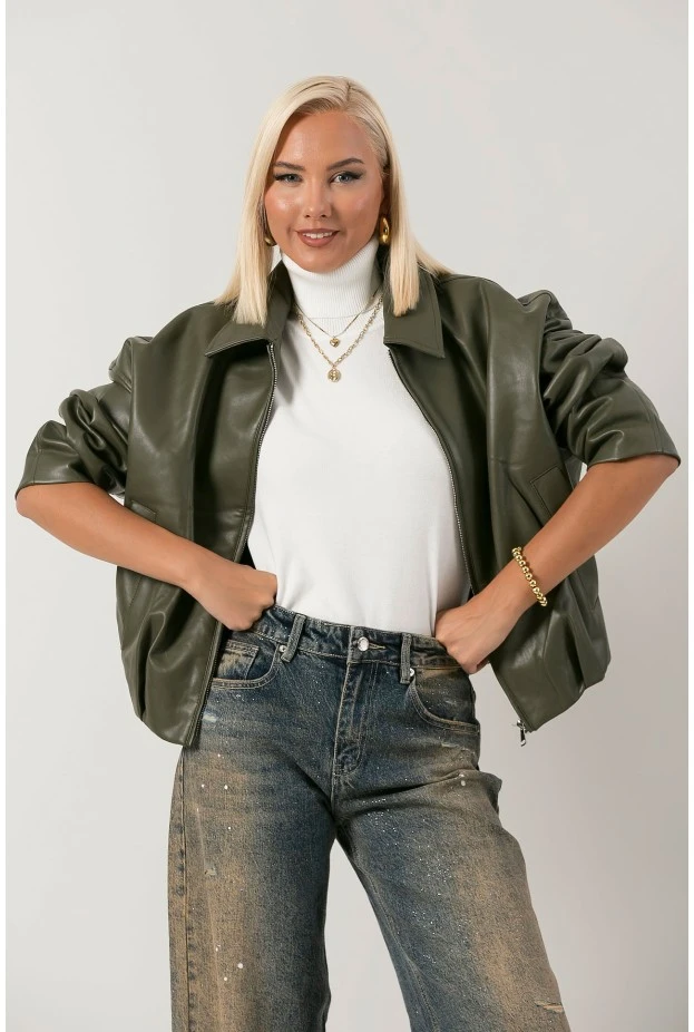 Leather jacket balloon με φερμουάρ λαδί