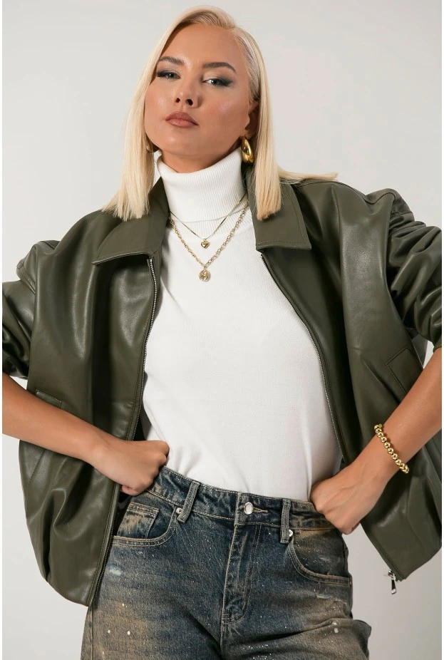 Leather jacket balloon με φερμουάρ λαδί