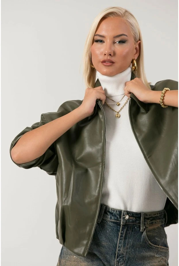 Leather jacket balloon με φερμουάρ λαδί