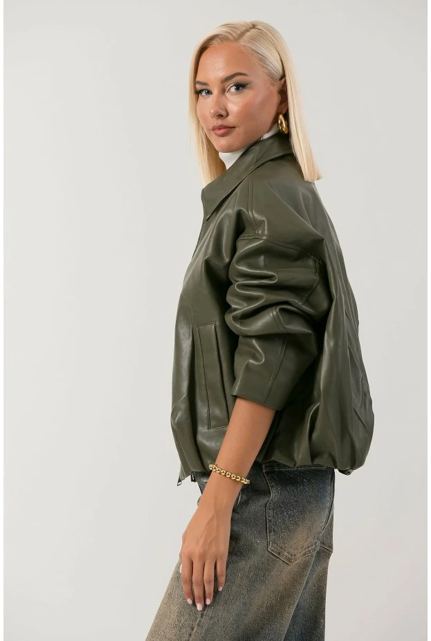 Leather jacket balloon με φερμουάρ λαδί