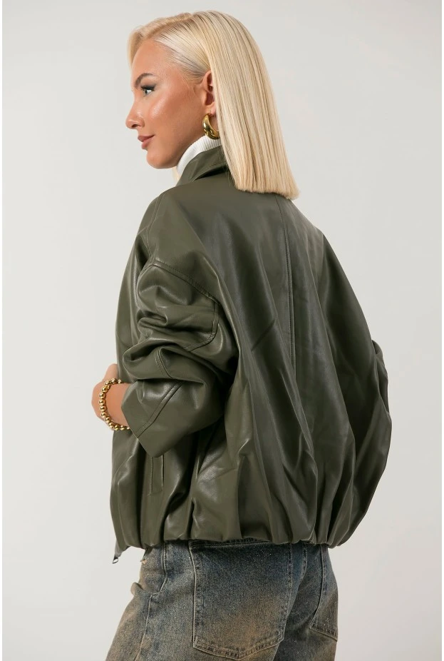 Leather jacket balloon με φερμουάρ λαδί