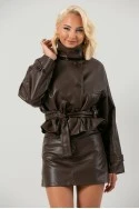 Leather jacket cropped με ζώνη και μεγάλο γιακά καφέ