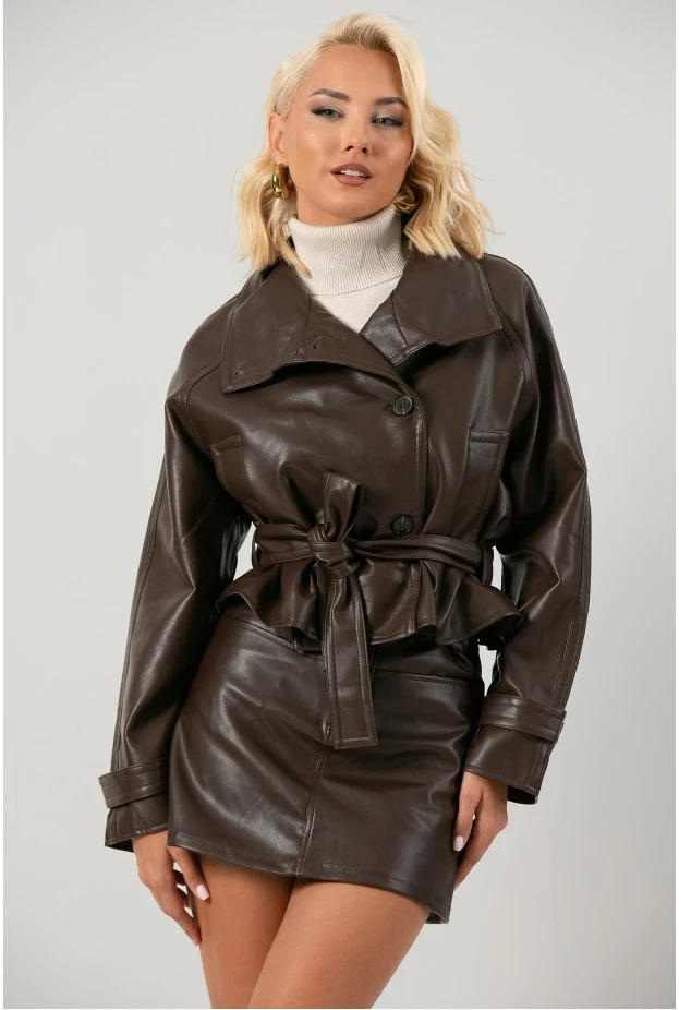 Leather jacket cropped με ζώνη και μεγάλο γιακά καφέ