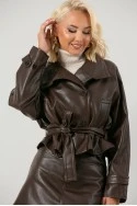 Leather jacket cropped με ζώνη και μεγάλο γιακά καφέ
