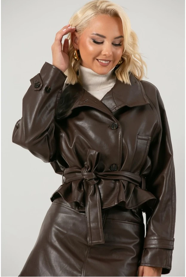 Leather jacket cropped με ζώνη και μεγάλο γιακά καφέ