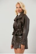 Leather jacket cropped με ζώνη και μεγάλο γιακά καφέ