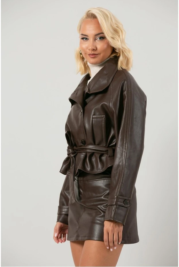 Leather jacket cropped με ζώνη και μεγάλο γιακά καφέ