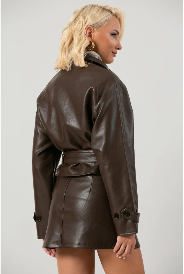 Leather jacket cropped με ζώνη και μεγάλο γιακά καφέ