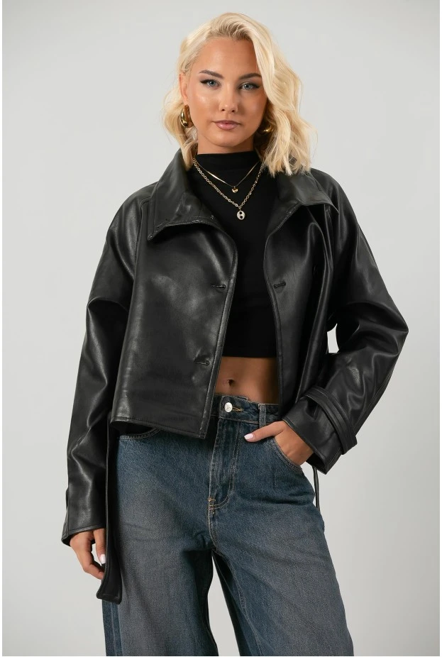 Leather jacket cropped με ζώνη και μεγάλο γιακά μαύρο
