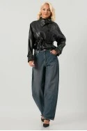 Leather jacket cropped με ζώνη και μεγάλο γιακά μαύρο