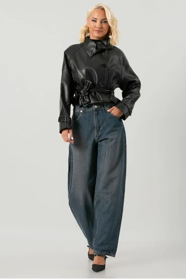 Leather jacket cropped με ζώνη και μεγάλο γιακά μπορντό