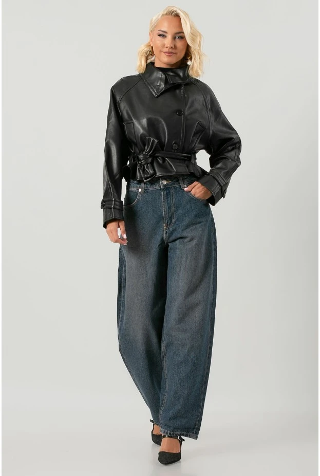 Leather jacket cropped με ζώνη και μεγάλο γιακά μαύρο
